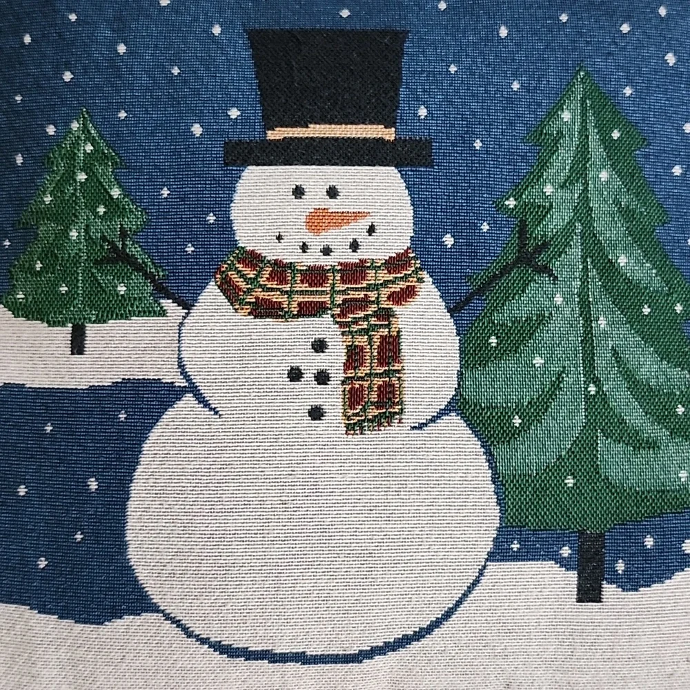 Vintage Tapestry Festive Christmas Snowman Throw Pillow - Blue and Green